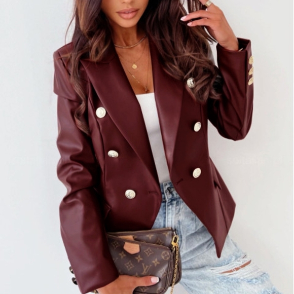 Brown Double-Breasted Women's Faux Leather Blazer - Picture 5 of 8